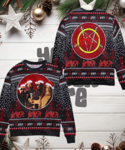 Slayer Band Logo With Jack Skellington Is Playing Guitar 2024 Ugly Christmas Sweater