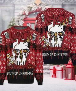 Slayer Band South Of Christmas With Skull Wearing Santa Hat Pattern 2024 Ugly Christmas Sweater