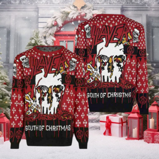 Slayer Band South Of Christmas With Skull Wearing Santa Hat Pattern 2024 Ugly Christmas Sweater