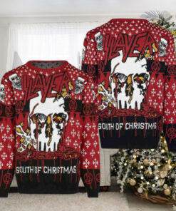 Slayer Band South Of Christmas With Skull Wearing Santa Hat Pattern 2024 Ugly Christmas Sweater