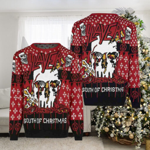 Slayer Band South Of Christmas With Skull Wearing Santa Hat Pattern 2024 Ugly Christmas Sweater