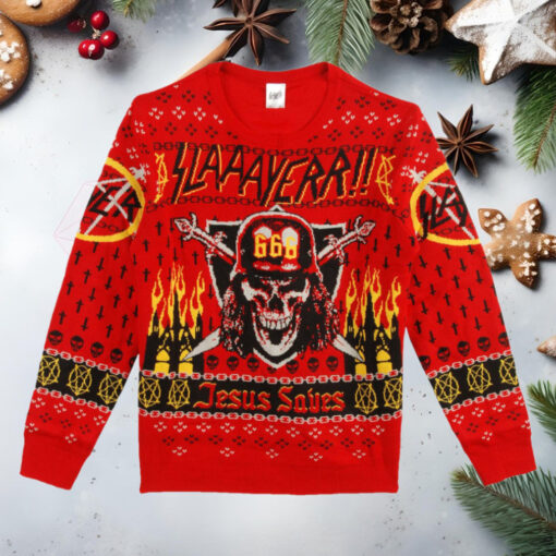 Slayer Band With Devil 666 Jesus Saves Slaaayerr 2024 Ugly Christmas Sweater