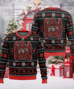 Slayer Band With Red Eagle Logo And White Snowflake Pattern 2024 Ugly Christmas Sweater