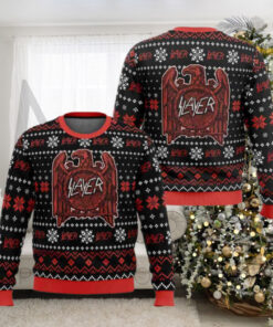 Slayer Band With Red Eagle Logo And White Snowflake Pattern 2024 Ugly Christmas Sweater