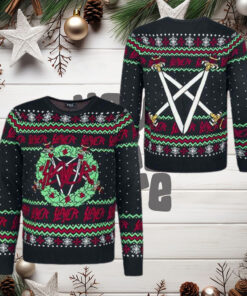 Slayer Laurel Wreath And Logo Pattern Xmas Gifts 2024 Ugly Christmas Sweater