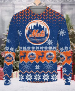 Snowflake And Reindeer Mets Logo Blue Ugly Christmas Sweater