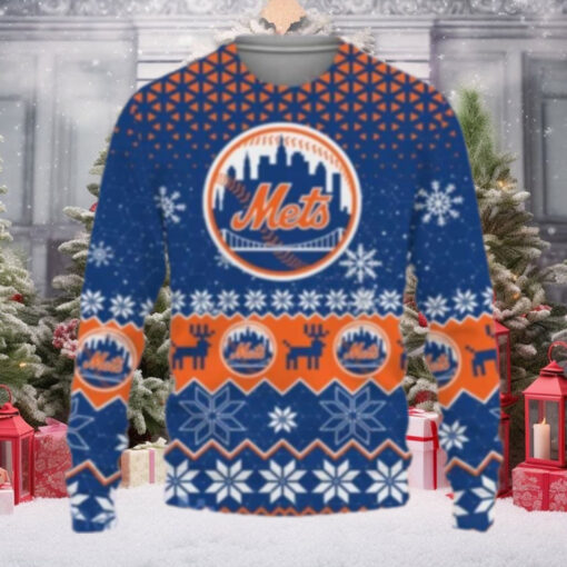 Snowflake And Reindeer Mets Logo Blue Ugly Christmas Sweater