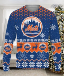 Snowflake And Reindeer Mets Logo Blue Ugly Christmas Sweater