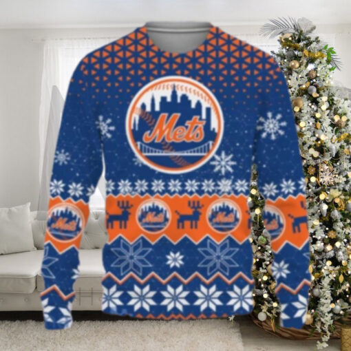 Snowflake And Reindeer Mets Logo Blue Ugly Christmas Sweater