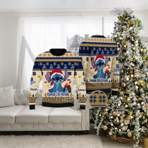 Stitch Holding Candy Cane KC Royals Christmas Sweater