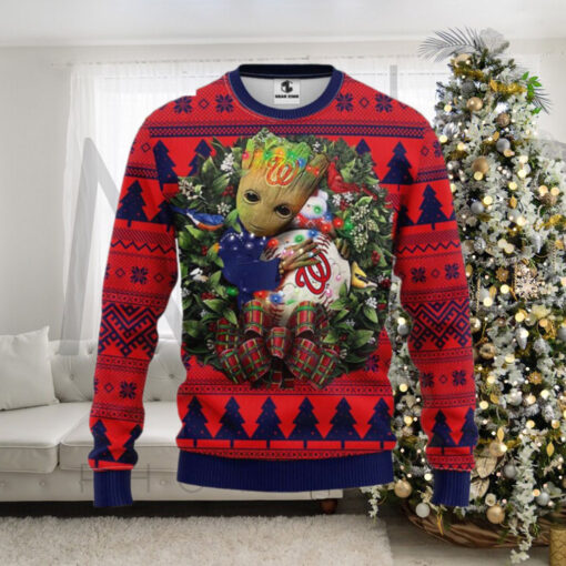 Washington Nationals Ugly Sweater With Groot And Christmas Lights Design