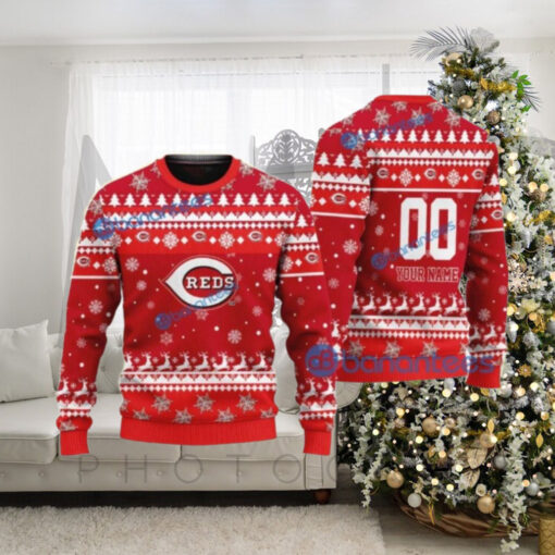 Your Name Cincinnati Reds Snowy Pattern Ugly Sweater