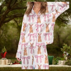 Cute Bunny With Pink Bow Tie Christmas Pajamas, Rabbit Pajamas Set