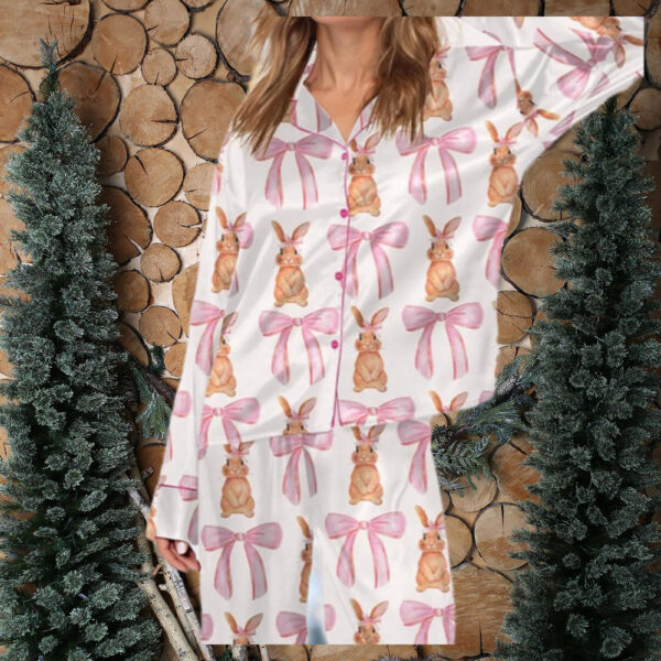 Cute Bunny With Pink Bow Tie Christmas Pajamas, Rabbit Pajamas Set