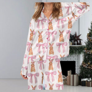 Cute Bunny With Pink Bow Tie Christmas Pajamas, Rabbit Pajamas Set