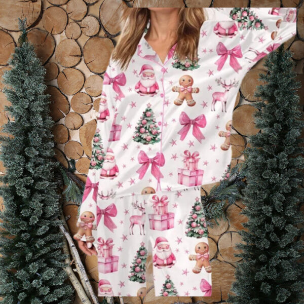 Santa Gingerbread Tree Bow Tie Reindeer Coquette Pink Christmas Pajamas