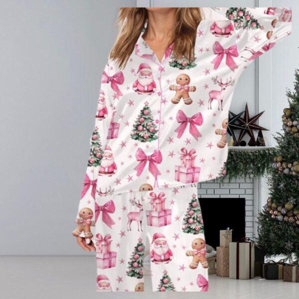 Santa Gingerbread Tree Bow Tie Reindeer Coquette Pink Christmas Pajamas