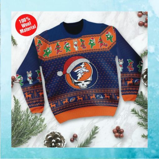 Denver Broncos Grateful Dead SKull And Bears Custom Name Ugly Sweater NFL Football Christmas Shirt