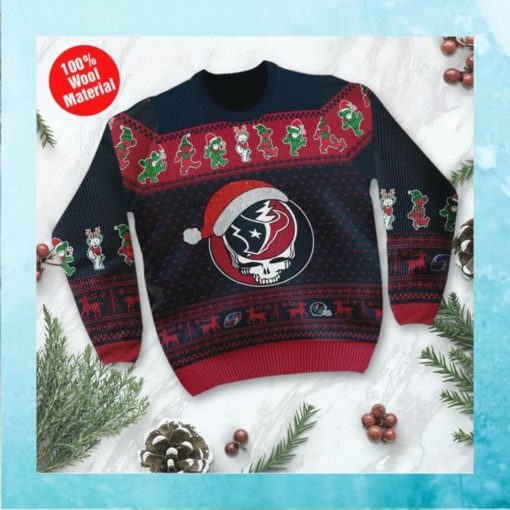 Houston Texans Grateful Dead SKull And Bears Custom Name Ugly Sweater NFL Football Christmas Shirt
