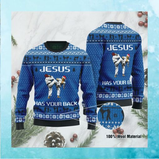 Jesus Has Your Back Karate Jesus Ugly Christmas Sweater For Jesus And Karate Lovers On Christmas Days