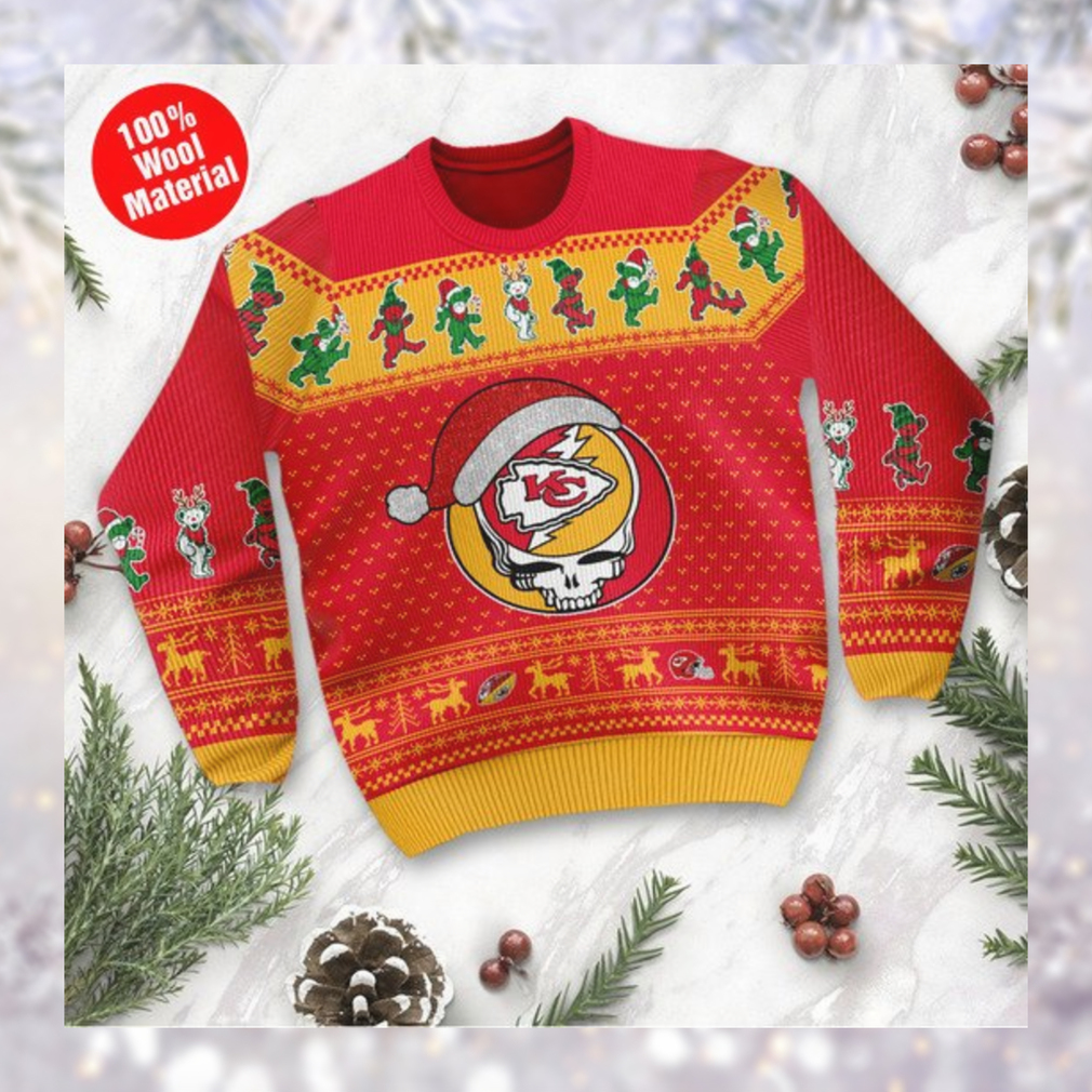 Kansas City Chiefs Grateful Dead SKull And Bears Custom Name Ugly Sweater NFL Football Christmas Shirt
