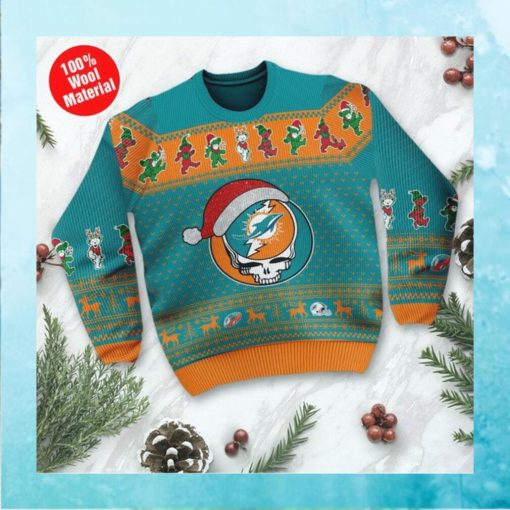 Miami Dolphins Grateful Dead SKull And Bears Custom Name Ugly Sweater NFL Football Christmas Shirt