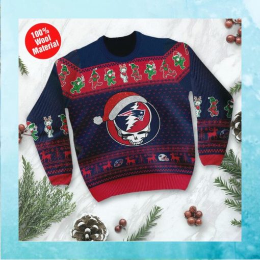 New England Patriots Grateful Dead SKull And Bears Custom Name Ugly Sweater NFL Football Christmas Shirt