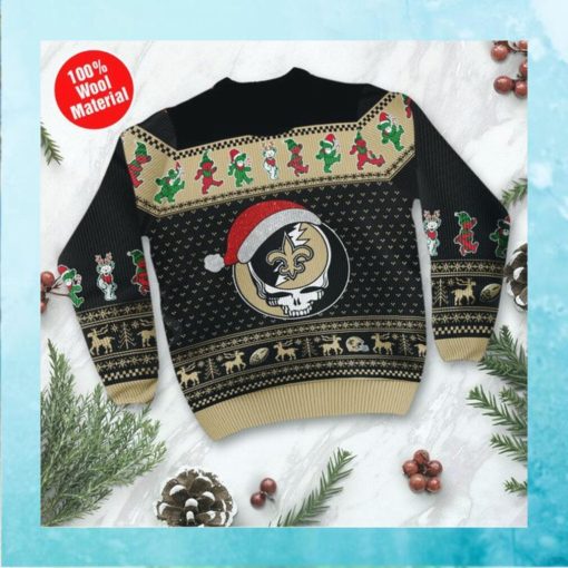 New Orleans Saints Grateful Dead SKull And Bears Custom Name Ugly Sweater NFL Football Christmas Shirt