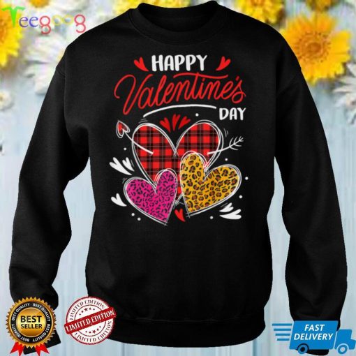 Happy Valentine's Day Three Leopard And Plaid Hearts Girls T Shirt