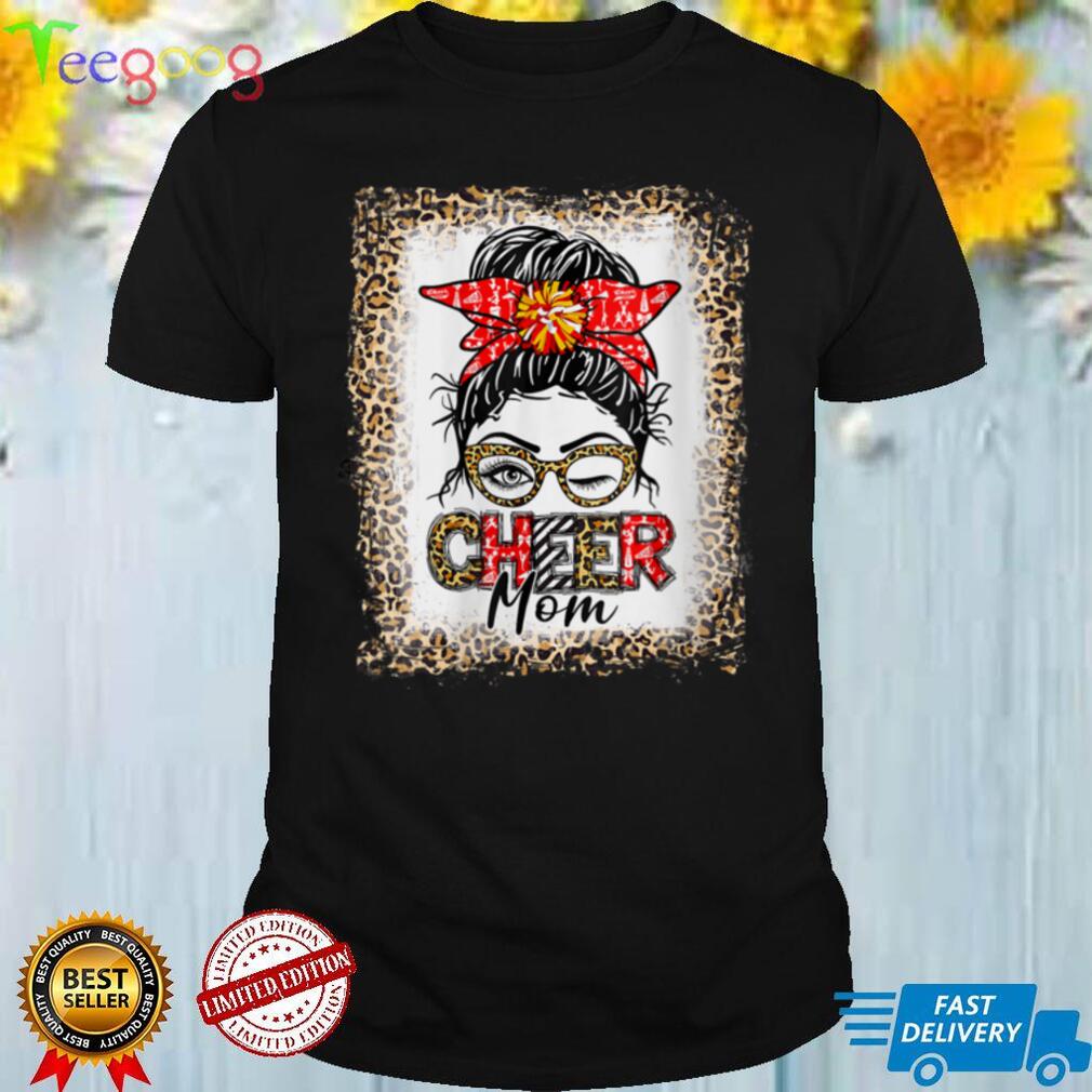 Womens Bleached Cheer Mom Cheerleading Mama Messy Bun Leopard V Neck T Shirt