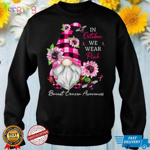 In October We Wear Pink Gnome Breast Cancer Awareness Groovy T Shirt