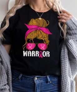 Messy bun glasses wear pink warrior breast cancer awareness T Shirt